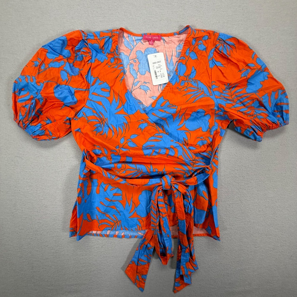 Flying Tomato Wrap Top Womens Size M NWT Orange Blue Tropical Puff Sleeve Cotton